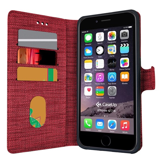 CaseUp Apple iPhone 7 Kılıf Kumaş Desenli Cüzdanlı Kırmızı 1
